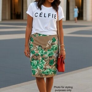 Bold Green Floral Midi Skirt - Size L Tan Neutral Base Vintage Inspired
